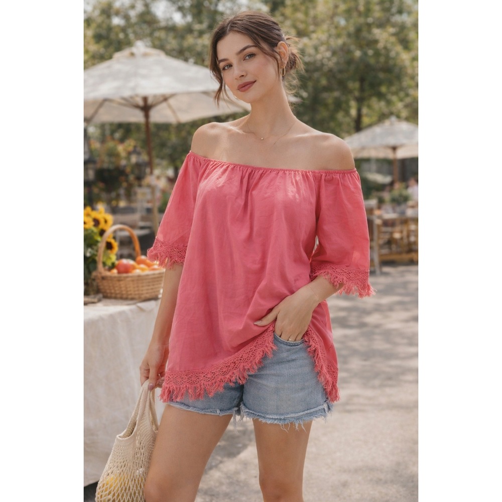 NWT Velzera Fuchsia Off Shoulder Fringe Trim Tunic Top Small Resort Boho